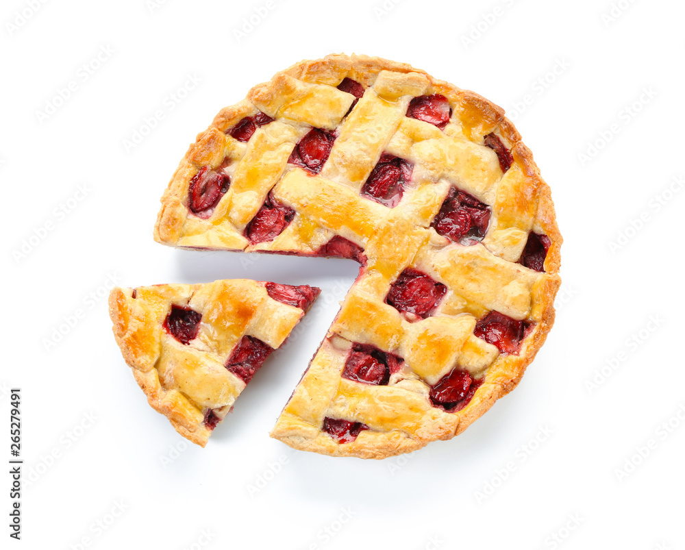 Tasty strawberry pie on white background Tasty strawberry pie on white background