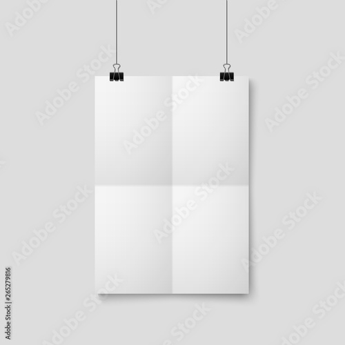 Empty A4 sized vector paper frame mockup hanging with paper clip