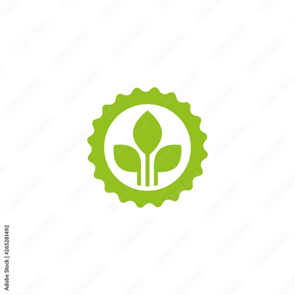 Valid Seal icon. Blue circle with ribbon outline and green sprout with leaves.