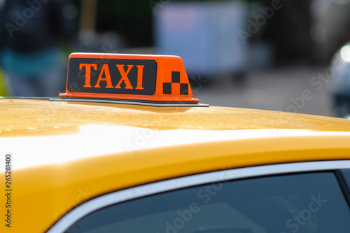 Moscow, Russia - April, 29, 2019: yellow taxi on Moscow street