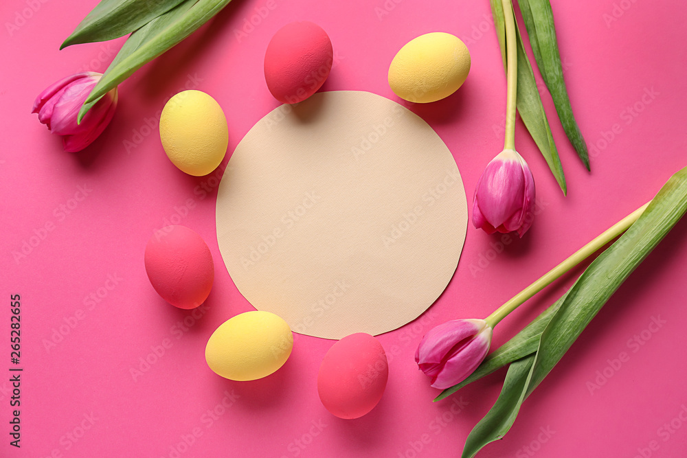 Greeting card for Easter holiday on color background