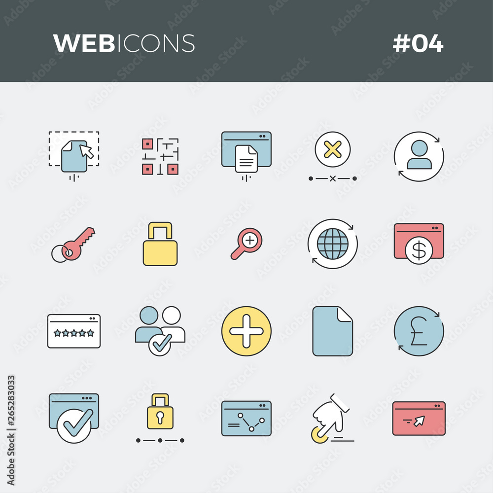 Web linear color icons set #04 - Part of a series - Iconset with button symbol of web, business, network, marketing, commerce, data, ranking. Colored outline thin icon style.