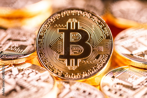 Stack of golden bitcoins. Business background concept with bitcoin criptocurrency