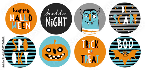 Set of 8 Halloween Party Round Shape Vector Toppers. Funny Dracula, Scary Pumpkin and Cute Bat. Handrwitten Colorful Trick or Treat, Spooky, Be Scary and Happy Halloween. Lovely Grunge Halloween Art.