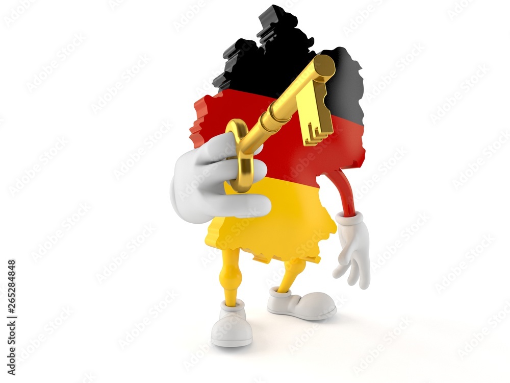 German character holding door key