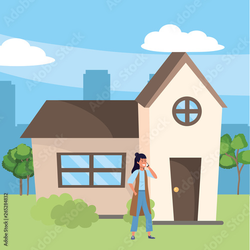 Millenial in house front porch background