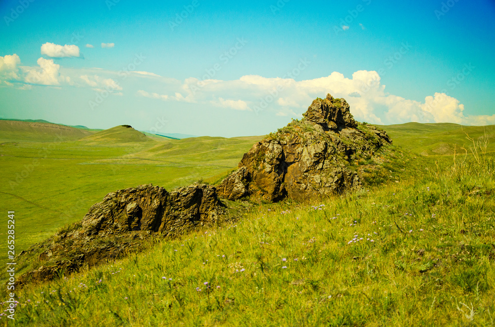Mountains and steppes of Khakassia in Sunny summer