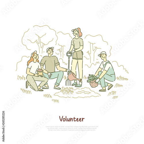 Friends, volunteers planting tree seedling, men and women working together, community help, social activity banner