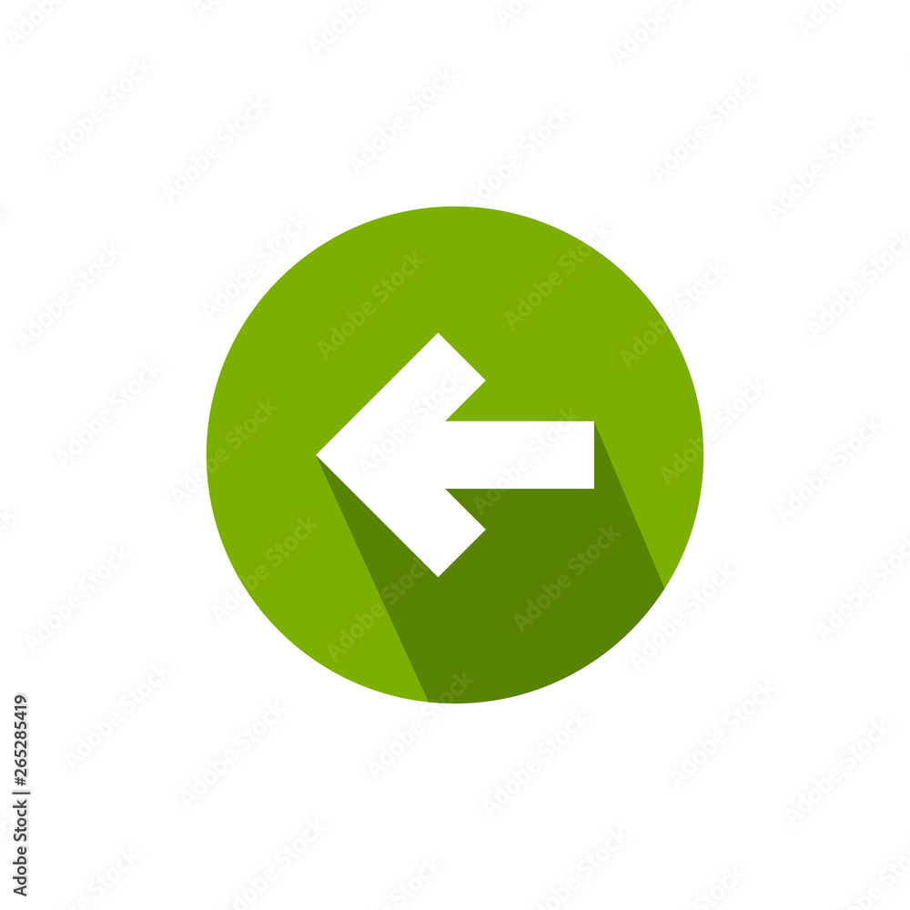 White left squared arrow with shadow in green circle. flat icon. Isolated on white. Continue icon. Back sign. White left squared arrow with shadow in green circle. flat icon. Isolated on white. Continue icon. Back sign.