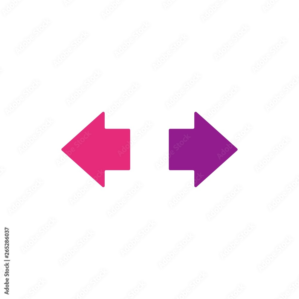 Vector icon. Two pink and purple squared opposite horizontal arrows isolated on white. Vector icon. Two pink and purple squared opposite horizontal arrows isolated on white.