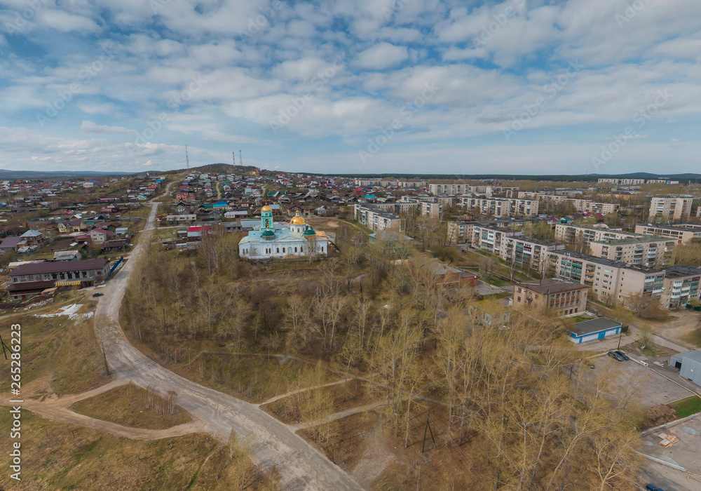 Church in Polevskoy city, Aerial, spring, cloudy