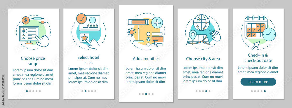 Find hotel onboarding mobile app page screen with linear concepts