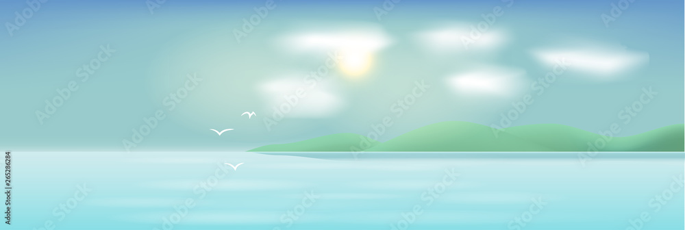 Sea landscape with seagulls, hills and clouds. Vector background.