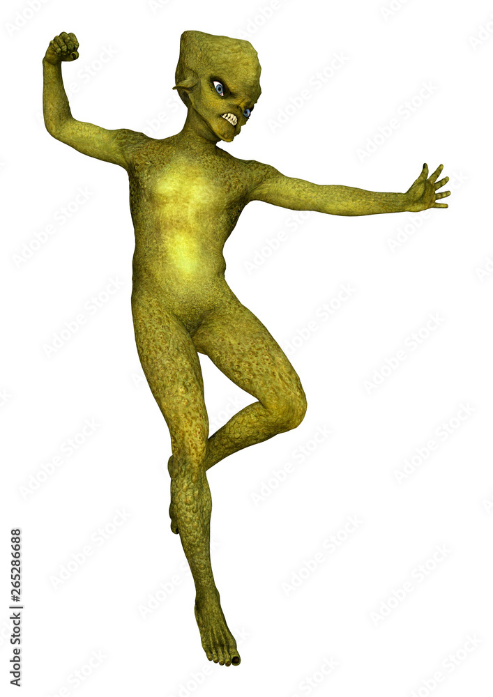 3D Rendering Green Alien on White