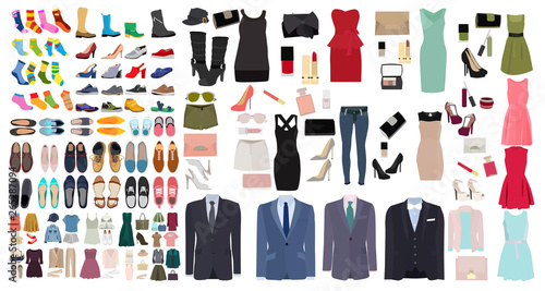 set of men's and women's shoes and clothes