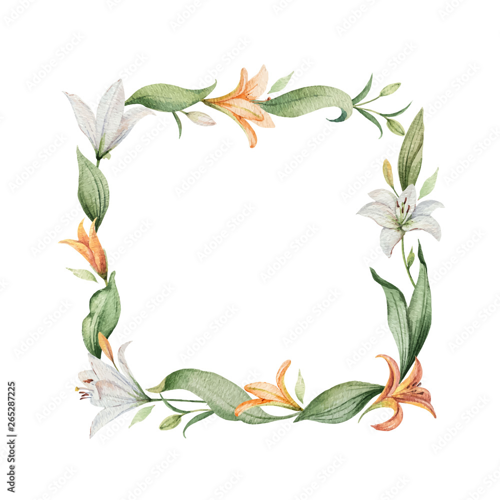 Fototapeta premium Watercolor vector wreath of orange Lily flowers and green leaves.
