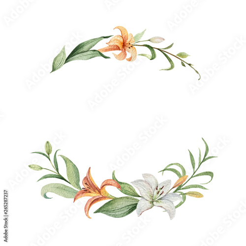 Watercolor vector wreath of orange Lily flowers and green leaves.