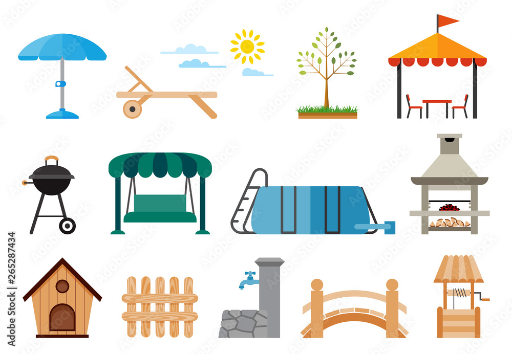 Obraz premium Set of various gardening items. Courtyard around the house. Flat design illustration of Yard and Garden items. Leisure lifestyle.