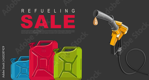 Sale Poster for gas station with fuelling nozzel and oil canisters