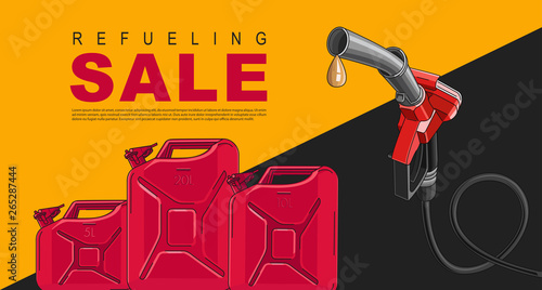 Poster for gas station with fuelling nozzel and oil canisters, template layout