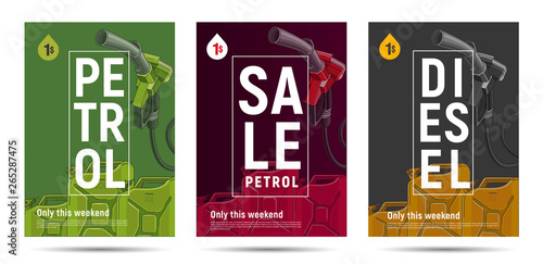 Petrol posters templates with fuelling nozzel and oil canisters photo