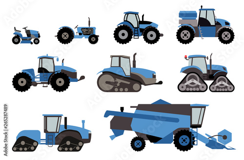Agricultural mechanization flat icons. Set of different types of agricultural vehicles and machines harvesters, combines and excavators. Icon set of working machines.