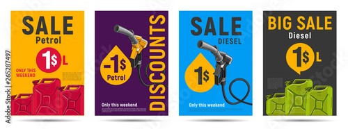 Petrol posters templates with fuelling nozzel and oil canisters