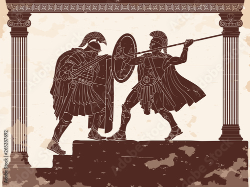Two Roman legioners in armor and helmets fight with a sword and a spear. Vector drawing on a historical theme.