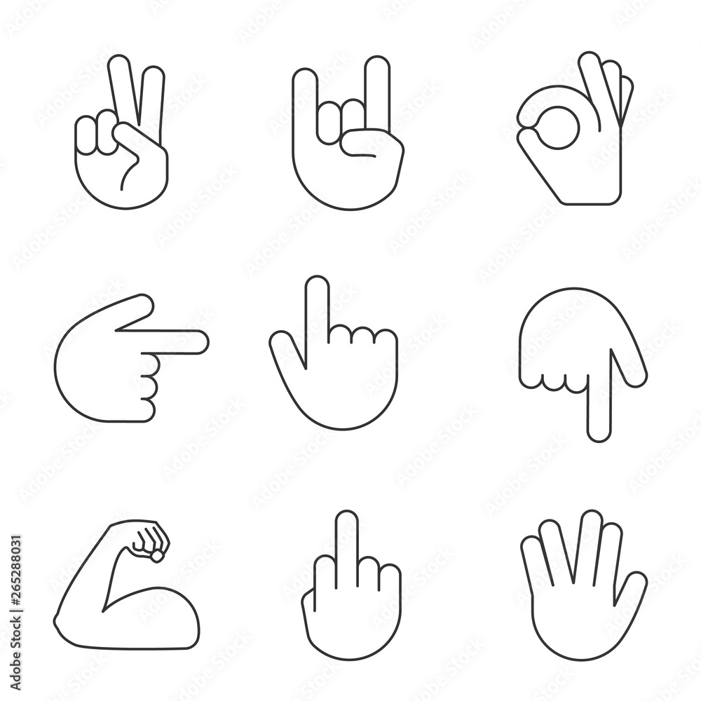 Fototapeta premium Hand gesture emojis linear icons set