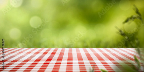 White and red tablecloth and free space for your decoration. Summer blurred background of grass and sun light. 