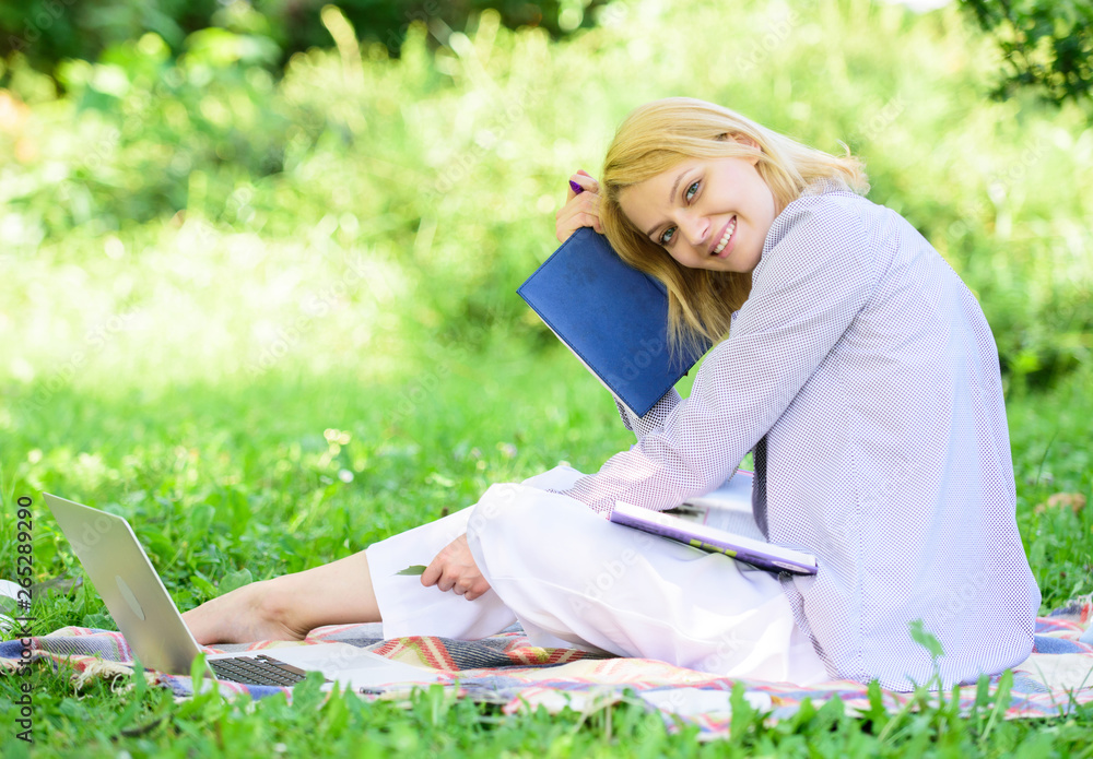 Save time for relax. Create break for yourself. Smart time management. Save your time. Time management skill. Girl with business diary create her daily schedule. Woman relax nature background