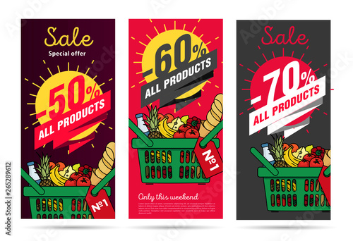 Products leaflets set with food basket and discount