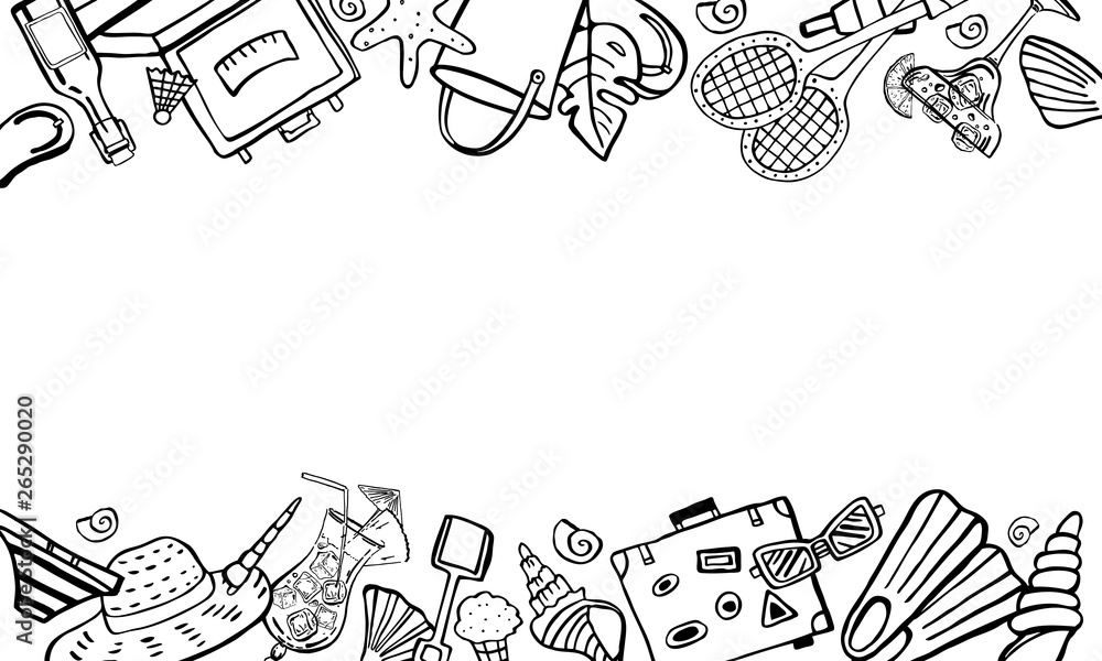 Rectangular frame design template with beach objects. Vector outline ...