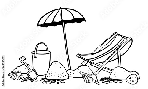 Beach scene. Parasol with lounger on the sand. Vector outline cartoon hand drawn illustration black on white background