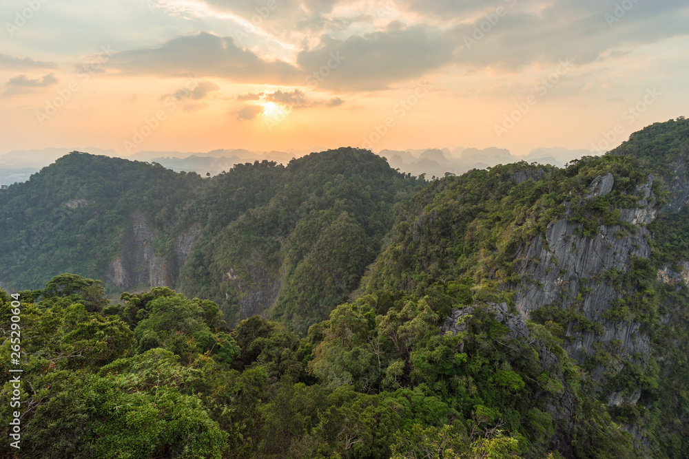 Jungle and mountains covered with tropical greenery and trees in Asian nature at sunset Jungle and mountains covered with tropical greenery and trees in Asian nature at sunset