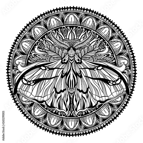 Magic Talisman religion Asian. Black color graphic in white background. Butterfly moth mandala illustration .