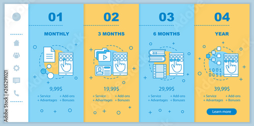 Online courses subscription fee onboarding mobile app screens with service prices