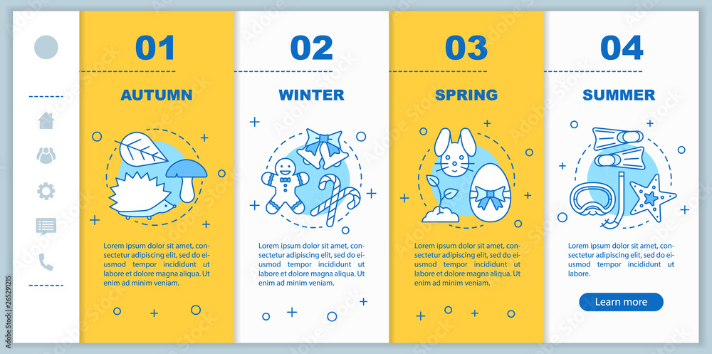Four seasons onboarding mobile web pages vector template