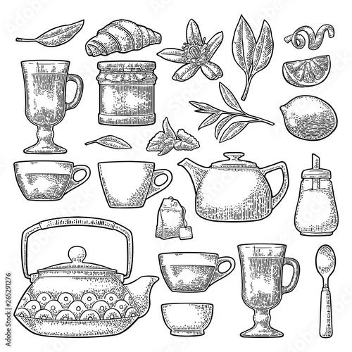 Set tea. Vector black vintage engraving. Isolated on white background