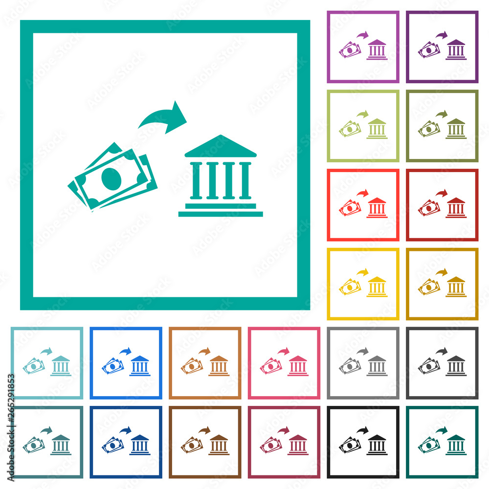 Cash deposit to bank flat color icons with quadrant frames
