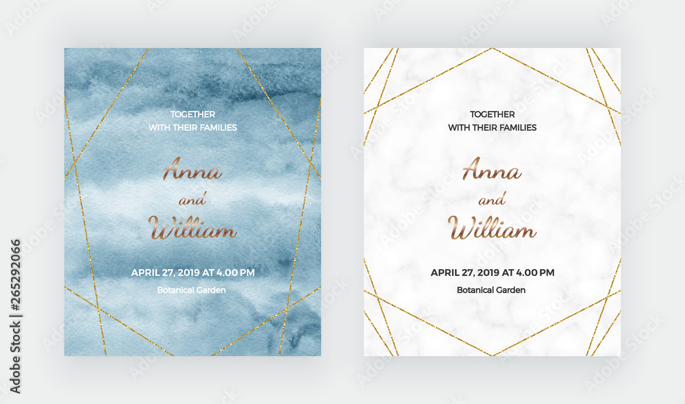 Wedding cards with watercolor, marble texture and gold glitter lines. Trendy templates for banner, flyer, poster, save the date, greeting, wedding invitation
