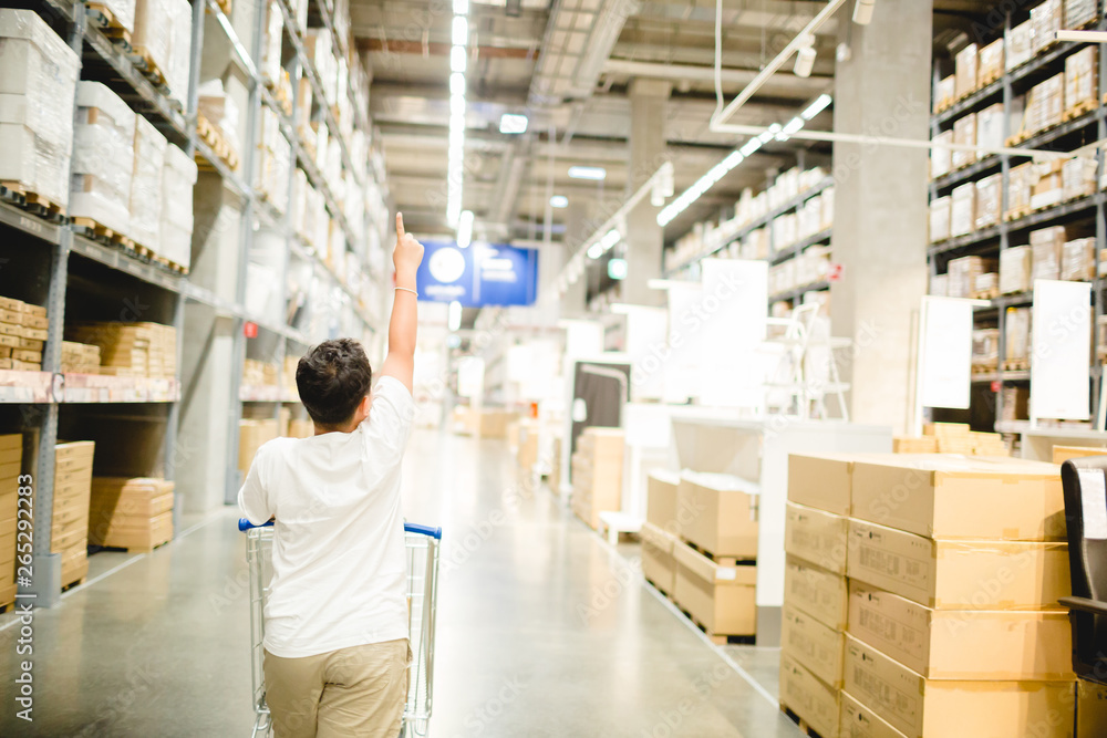 Asian boy is pointing their fingers to choose products and pushing a shopping cart in warehouse for shopping Asian boy is pointing their fingers to choose products and pushing a shopping cart in warehouse for shopping