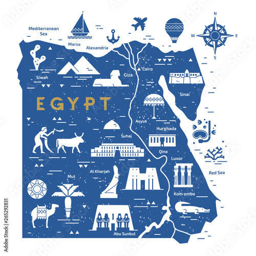 Outline and silhouette map of Egypt - vector illustration hand drawn with lines, isolated on background with icons symbols attractions of Egypt.