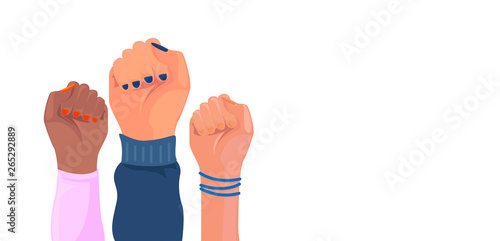 Girl power poster. Women hands with different skin color.  Set. Hands with different  trappings. Feminism, race equality, tolerance art. Vector