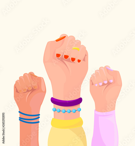 Girl power poster. Women hands with different trappings and different skin color. Set. Feminism, race equality, tolerance art. Vector