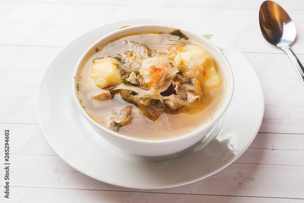Soup of sauerkraut, meat stock in the dish. Soup of sauerkraut, meat stock in the dish.