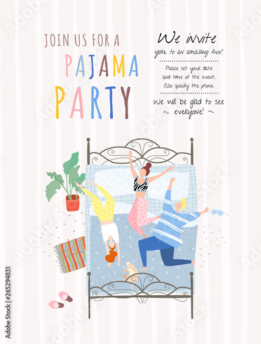 Pajama party! Vector poster, cover or banner for a fun event. Painted illustration of people in pajamas on the bed in the bedroom, party invitation.