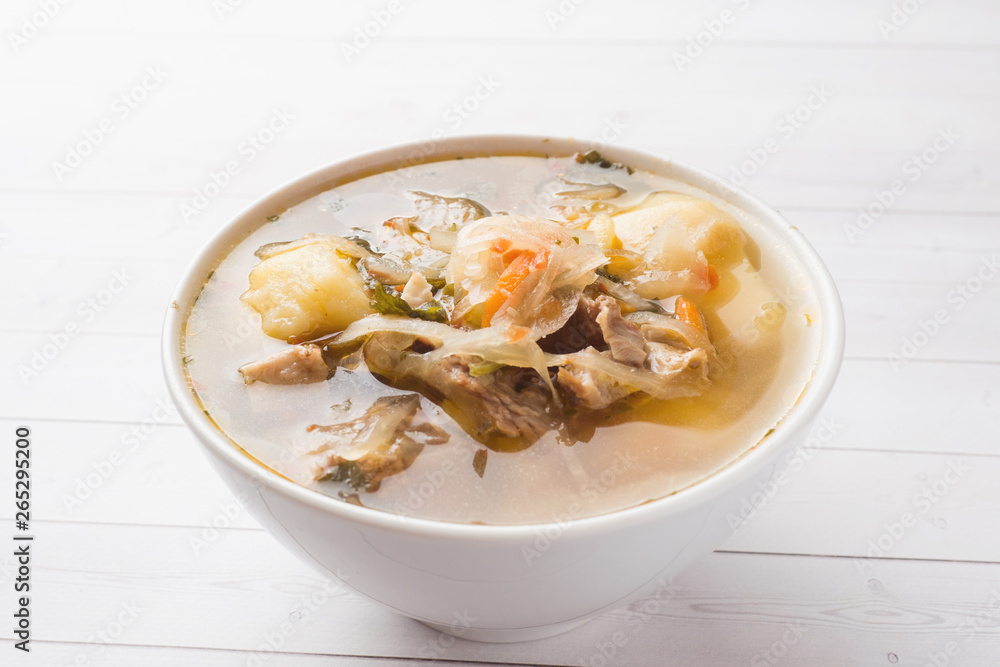 Soup of sauerkraut, meat stock in the dish. Soup of sauerkraut, meat stock in the dish.