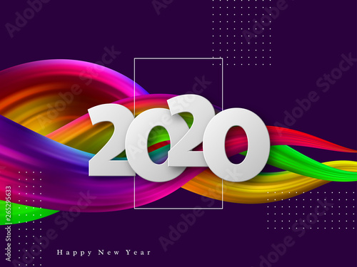2020 New Year sign on trendy abstract wave liquid background. 3d fluid shapes composition  color flow minimal design. Vector illustration.