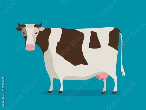 Cute standing cow. Milk farm cartoon, vector illustration
